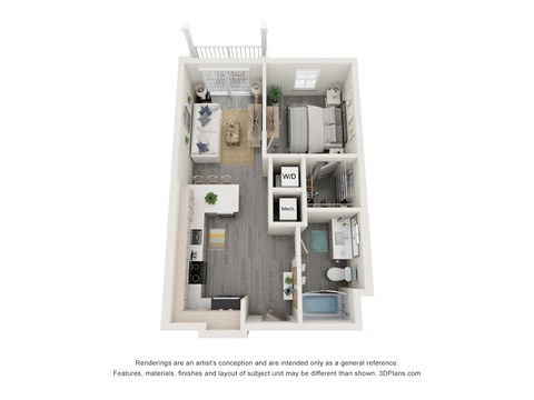 Floor plan for 1 bed, 1 bath, 583 sqft